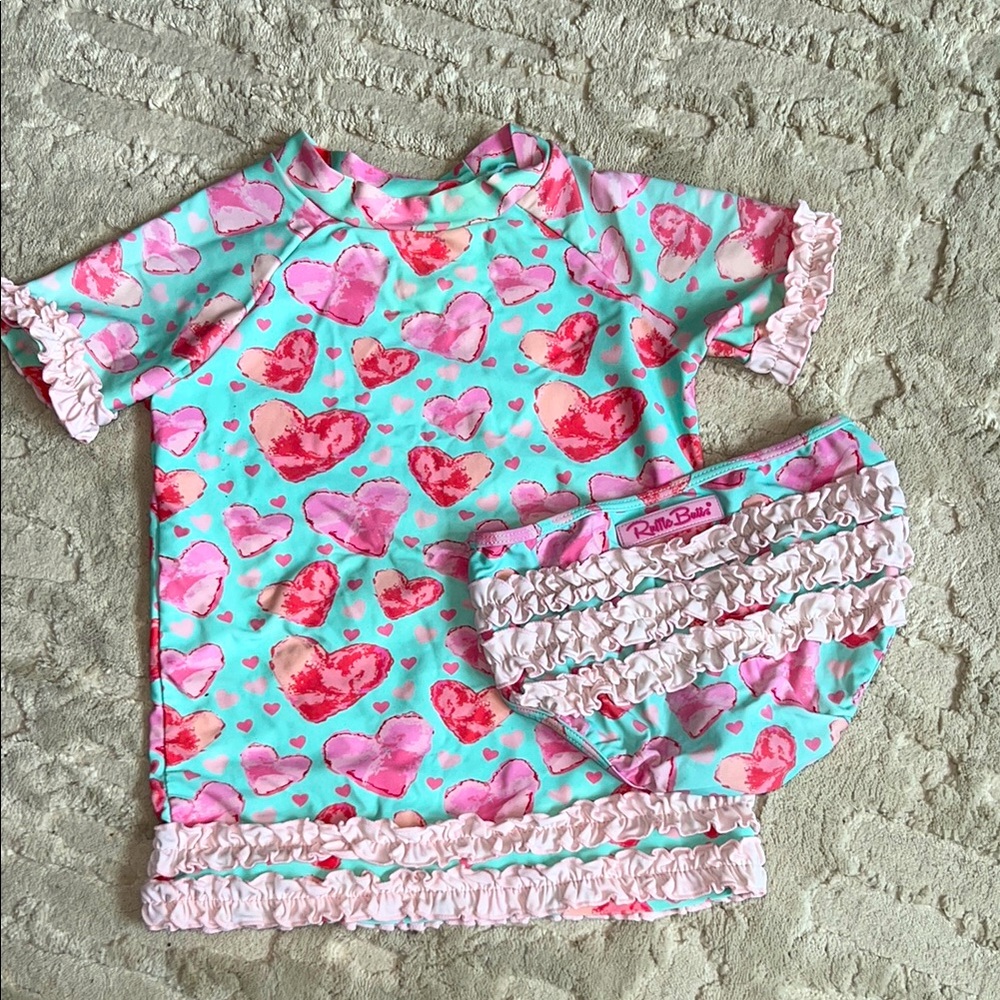 Ruffle Butts Kids Swim Set - Pink and Teal Heart ❤️ Design 8 EUC